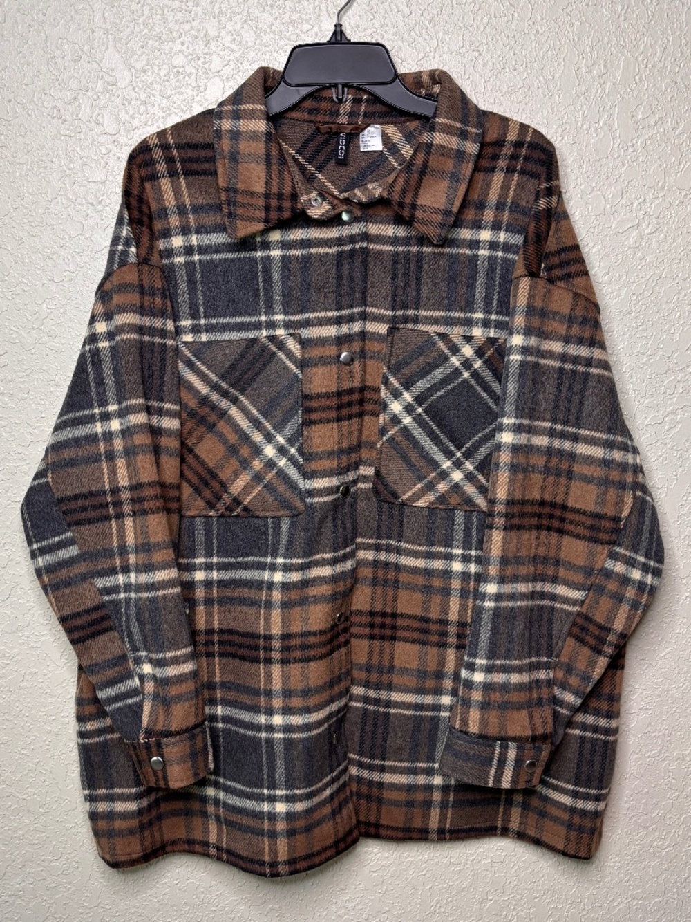 Divided by H&M Brown Gray Cream Plaid Oversized Warm Shacket Women's Size XL